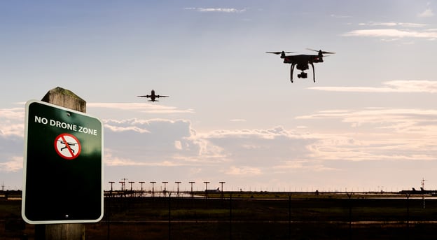 sky with plane, drone, and no drone sign all in one image