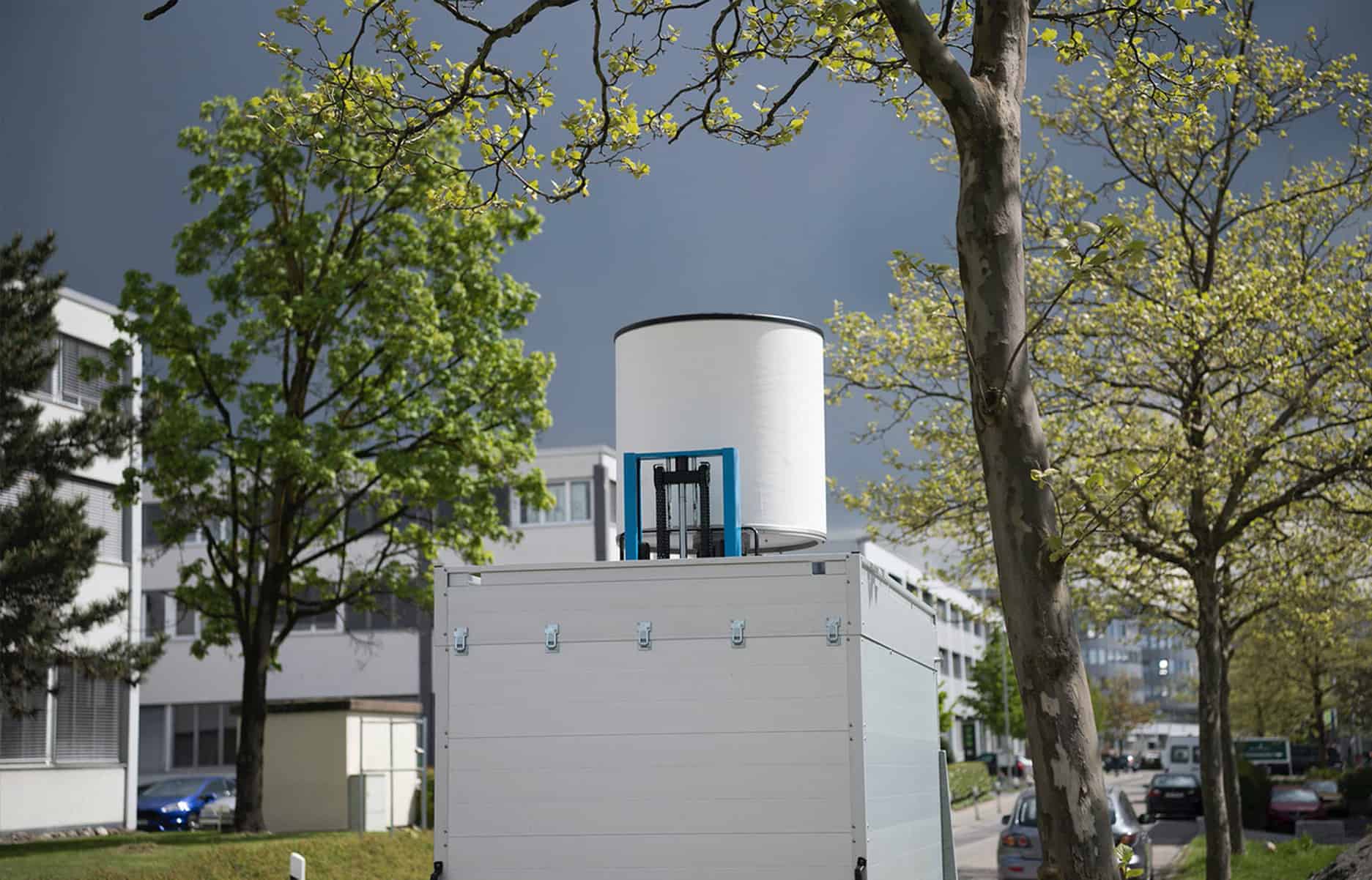Close-up of ELVIRA drone detection radar installed outside office buildings as part of Project Meritis